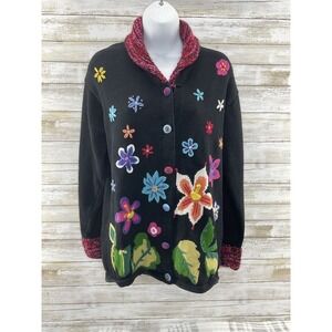 Storybook Knits Cardigan Sweater Black Floral Multi Chenille Collar Cuffs Size M